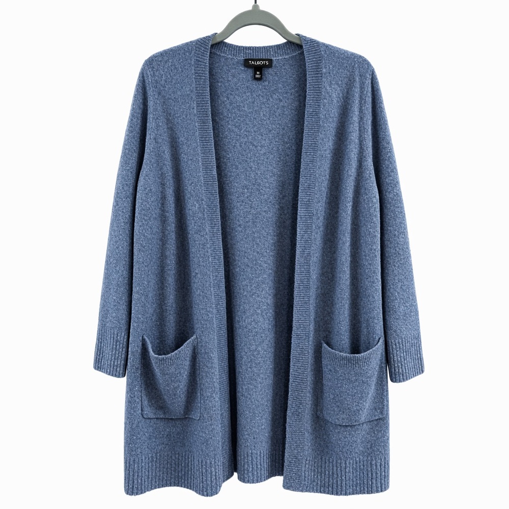 Talbots Blue Long Open Front Cardigan Sweater Wool Alpaca Blend Size M